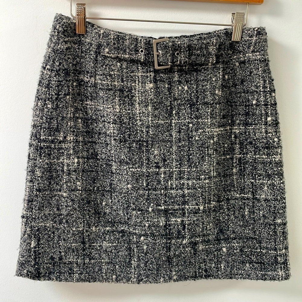 Marc Aurel mini wool skirt black white grey textured fixed belt lined sz 4